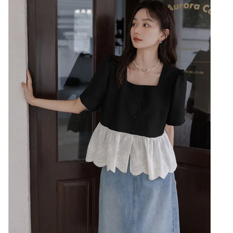 Women Solid Shirt Sweet Chic Puff Short Sleeve Female Blouse Korean Summer New Square Collar Loose All Match Spliced Crop Tops