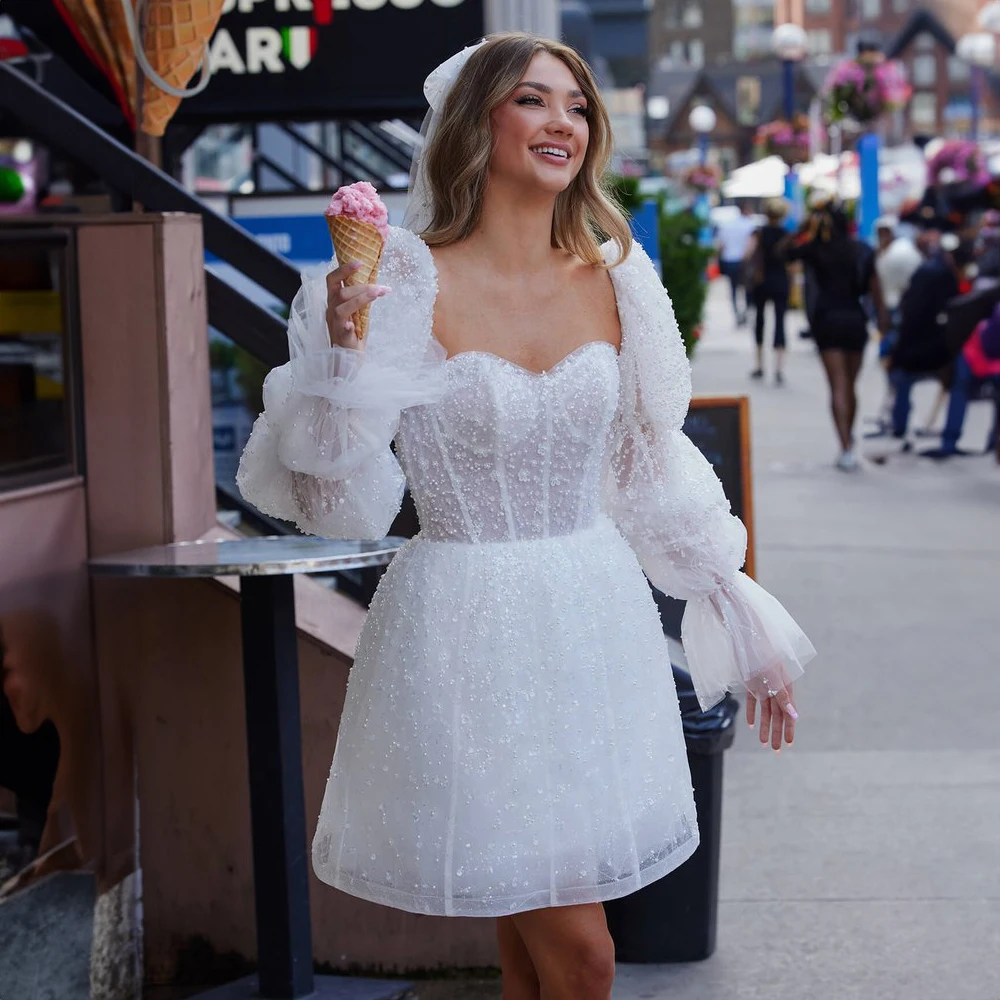 Robes de mariée élégantes à paillettes perlées chérie pour mariée, mini robe courte plissée, robe de patients A-ligne avec manche, quel que soit le mariage