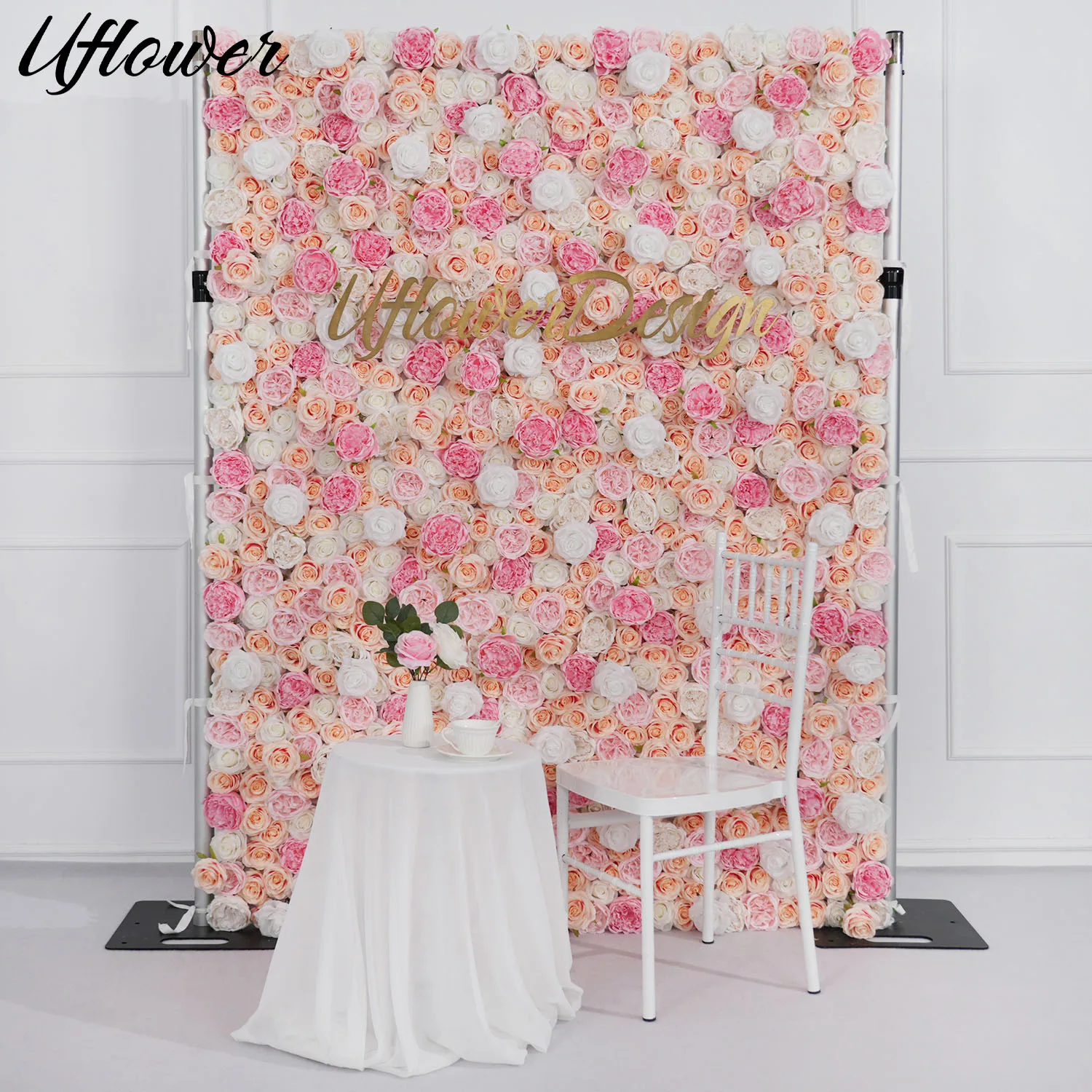 

Uflower Pink Silk Rose Flowers 3D Backdrop Wall Wedding Decoration Artificial Flower Wall Home Party Decor Backdrops Baby Shower