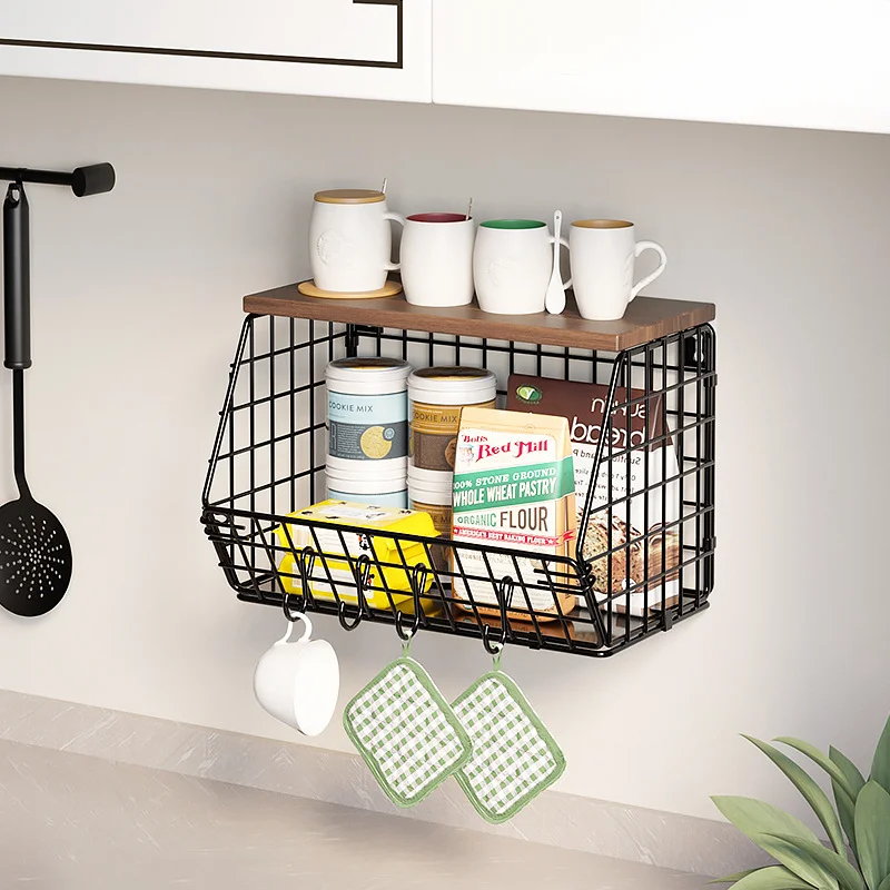 Wall Mounted Kitchen Storage Rack Thickened Iron Wood Storage Rack Kitchen Vegetable Fruit Basket