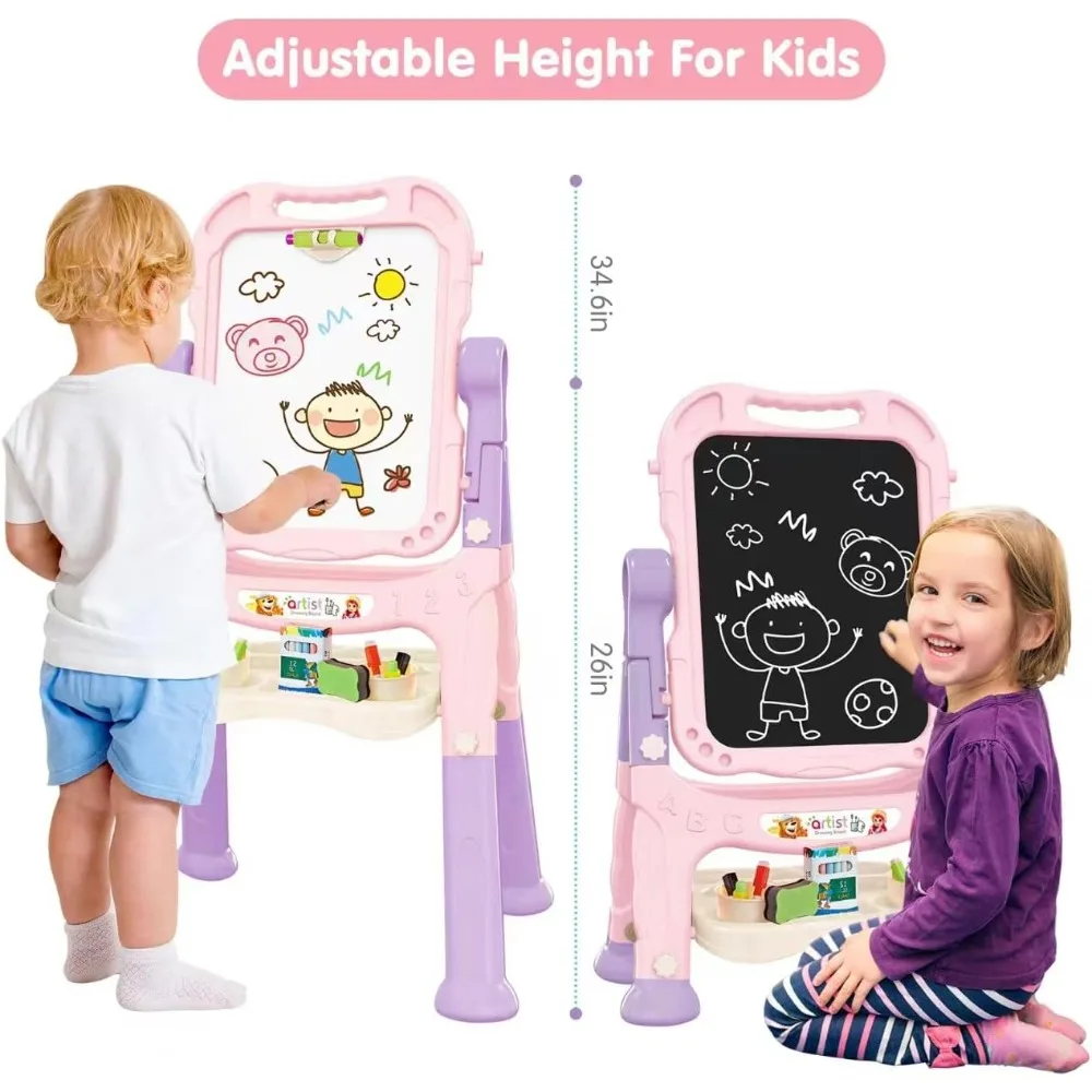 Amagoing Easel for Kids, Adjustable Standing Art Easel for Toddler, Double Magnetic Drawing Board with Painting Accessories