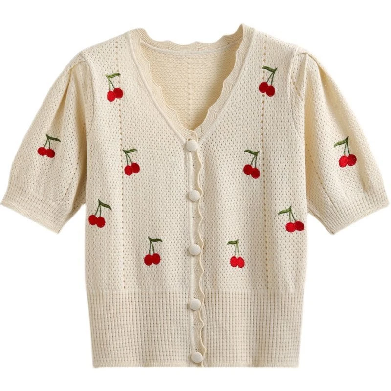 Cherry Embroidery Cardigan Women Summer Hollow Out Loose Sweaters Knitted Korean Style Fashion Outwear Floral Cardigan Feminine