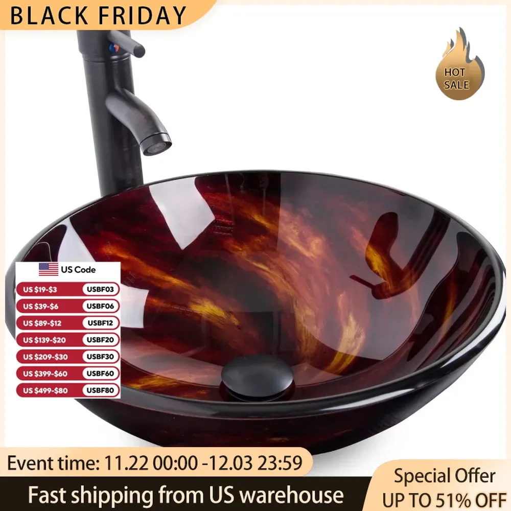 

Artware Sink Bathroom Tempered Glass Vanity Round Bowl With Oil Rubber Bronze Faucet and Pop Up Drain Combo Countertop Furniture