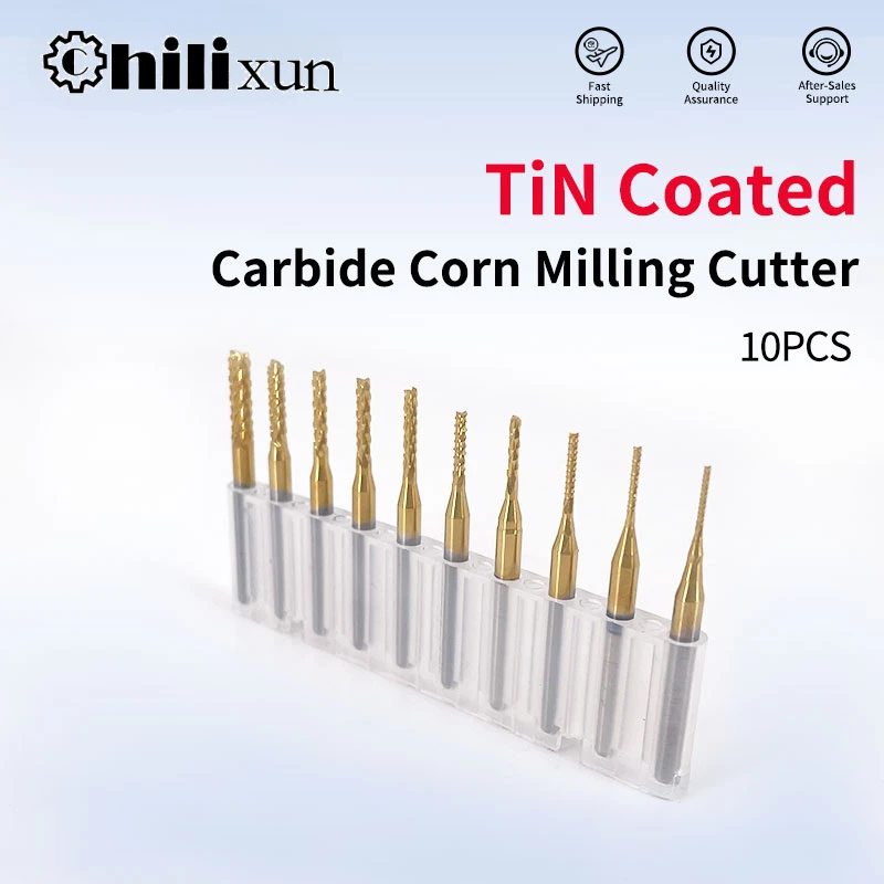 

HILIXUN 10pcs 3.175mm Shank Carbide End Mill for PCB Milling Cutter TiN Coated 0.6-3.175mm CNC Router Bit Machine Milling Tools