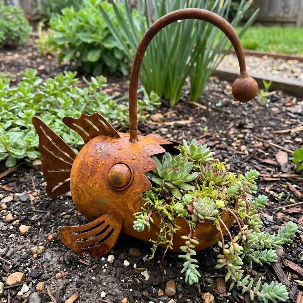 Rustproof Lantern Fish Iron Planter Waterproof Handcrafted Metal Fish Flower Pot Sturdy Distressed Jewelry Storage Container