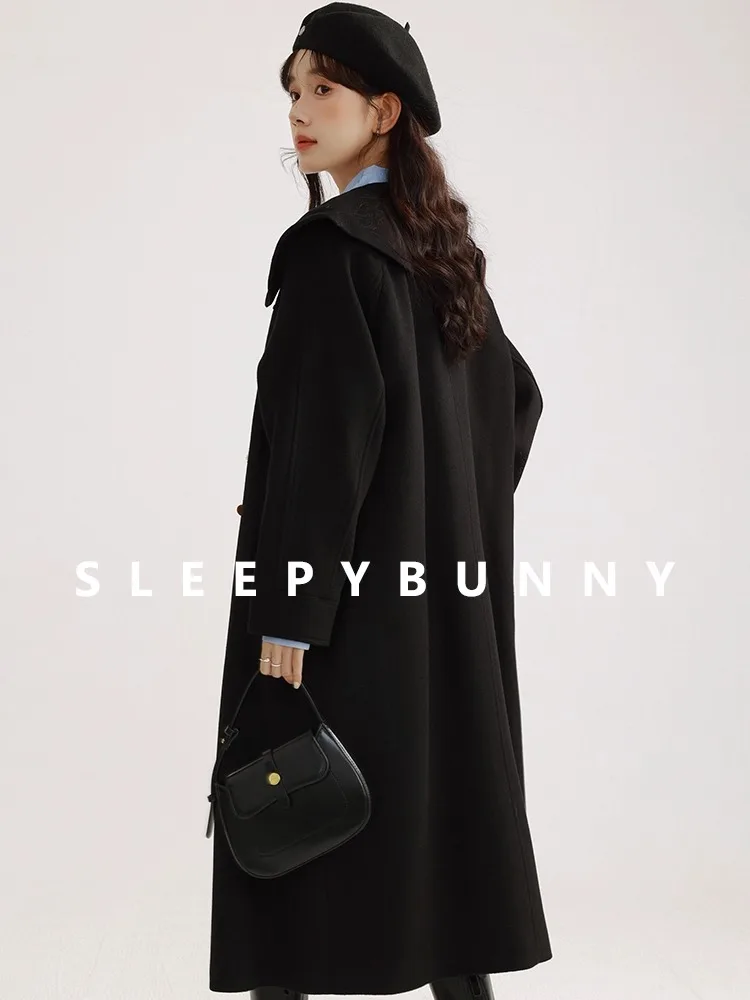 Elegant Woolen Toggle Coat Women Winter Long Overcoat with Lapel Korean Style Black Duffle Jacket for School Work Casual Look