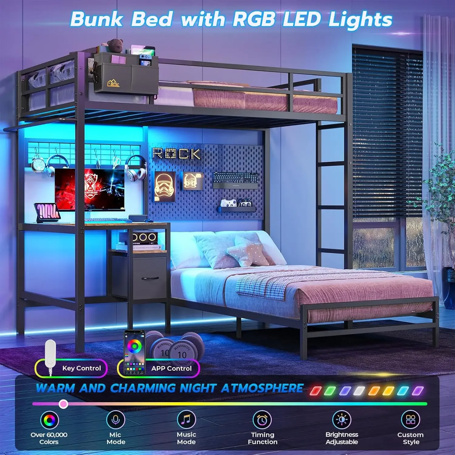 سرير بطابقين مزدوج بحجم مزدوج مع مكتب ومحطة شحن سرير معدني بطابقين على شكل حرف L مع أضواء LED وتخزين