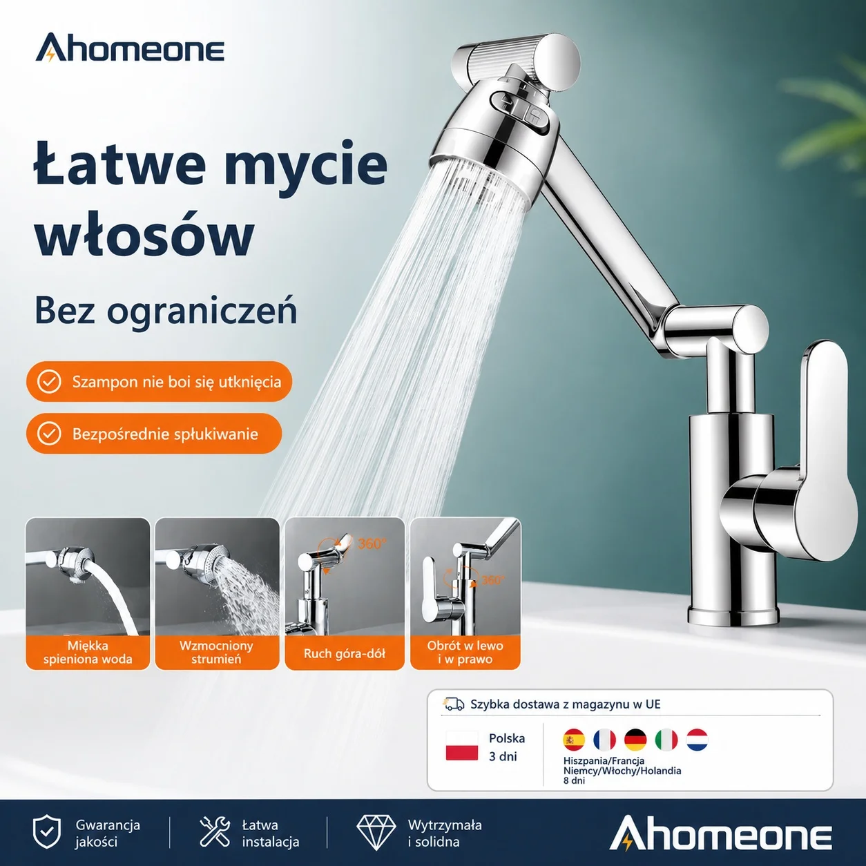 1080 ° Obrotowa bateria kuchenna z 2 trybami strumienia wody, bateria z ruchomym ramieniem, obrotowa bateria mieszająca ciepłą i zimną wodę, bateria umywalkowa zapobiegająca rozpryskiwaniu do