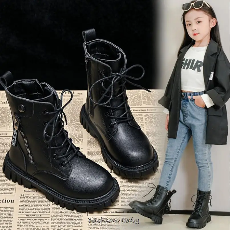 Princess Teens Girls Long Boots Spring Leather Flat Booties Single Winter Boots Metal Decoration Kids Botas Nina 26-36