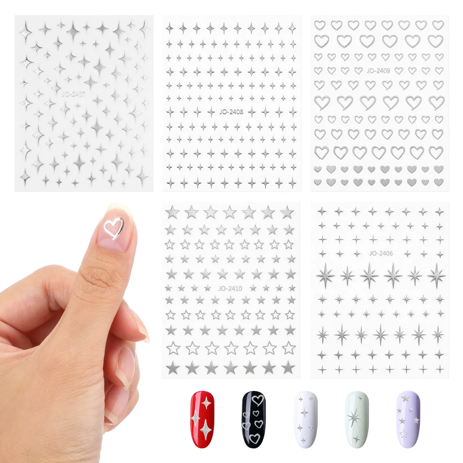 

5 Sheets Star Heart Nail Stickers Self-Adhesive Glitter Nail Art Decals for Women Manicure Decoration French Tip Sparkle