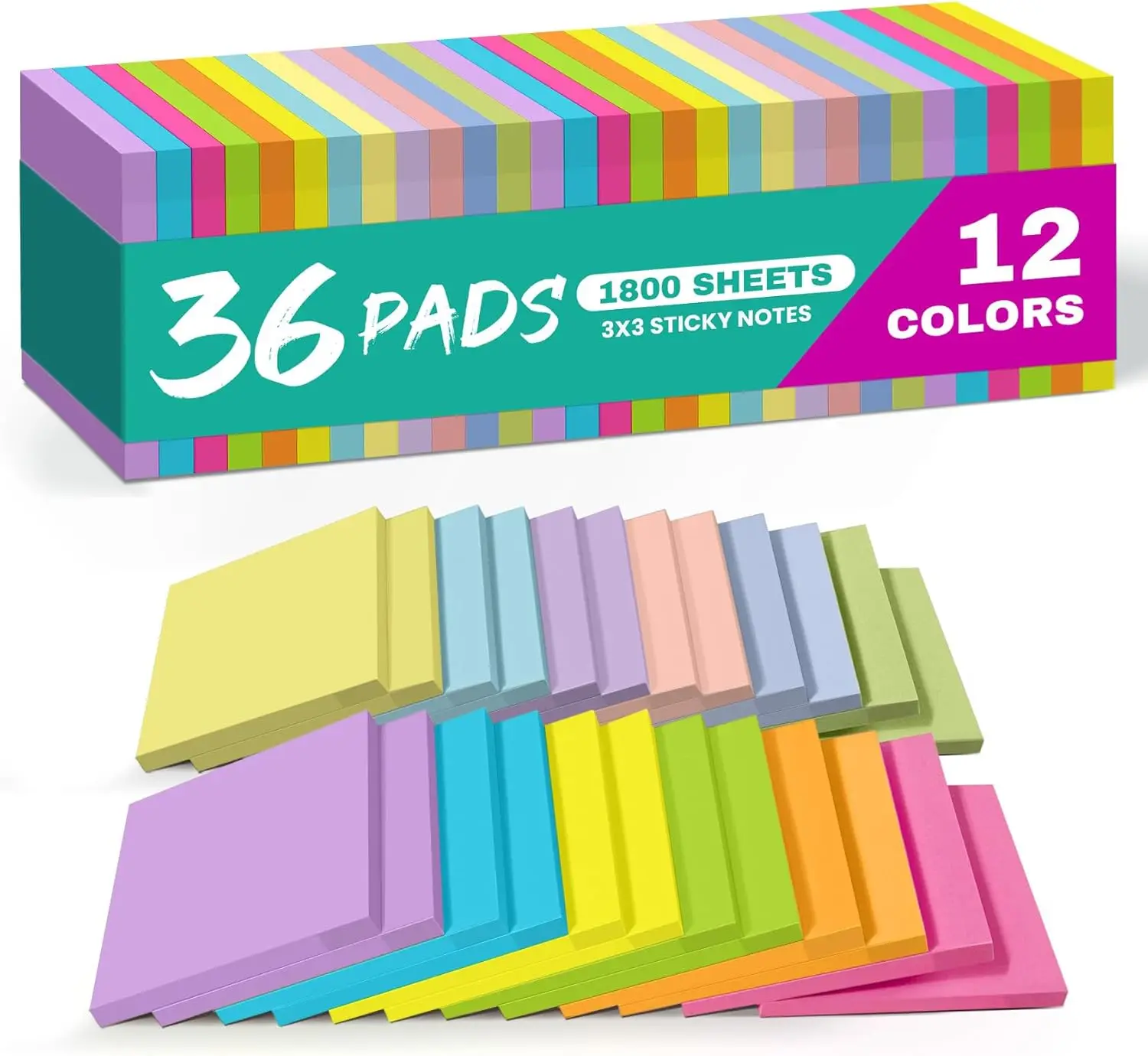 

36 Pads Self-Stick Note Pads, 3x3 Inches, Colorful for Office and Study Organization