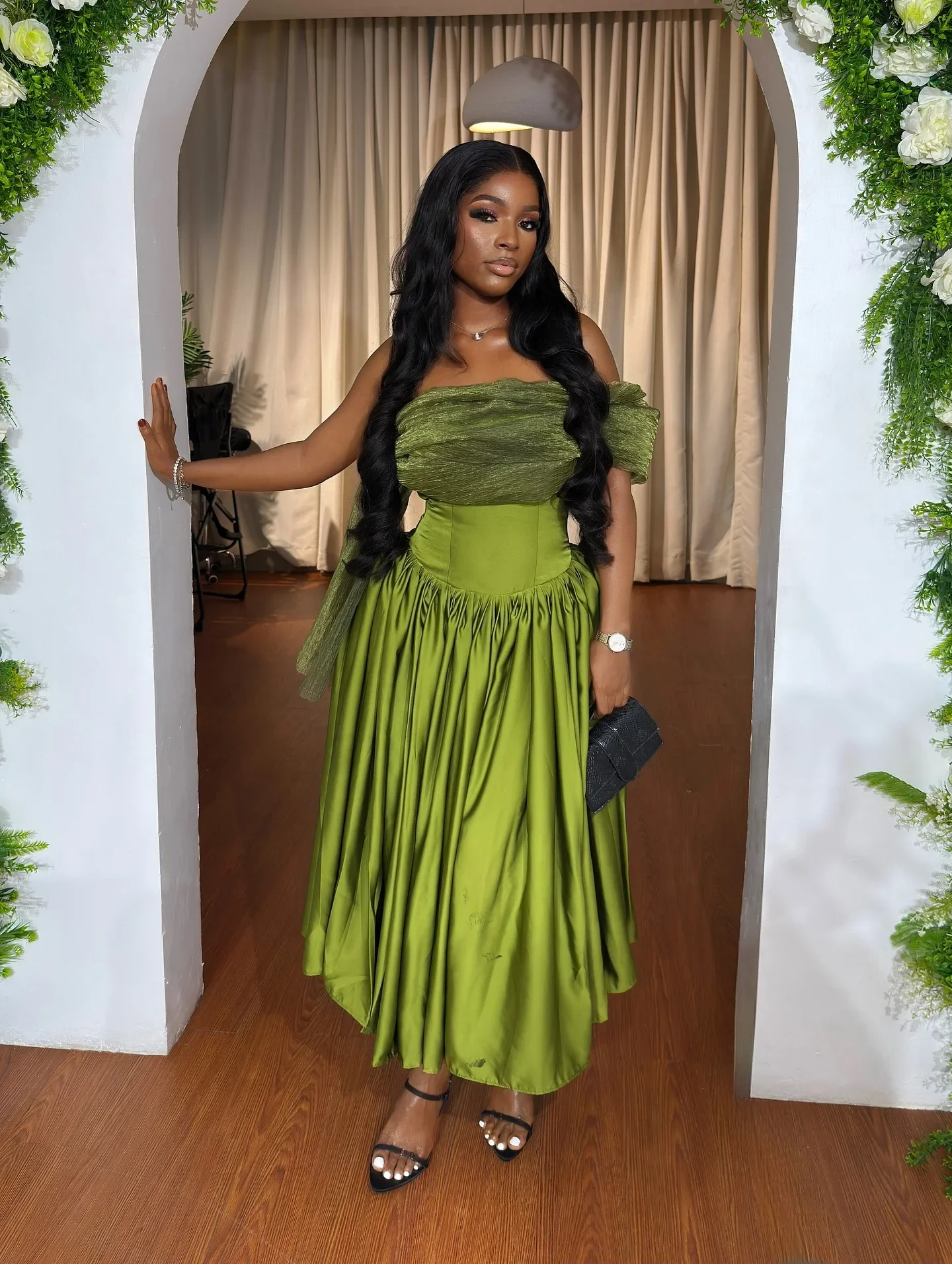 정교한 그린 A라인 발목 길이 여성 드레스 웨딩 파티용 원숄더 아프리카 여성 드레스