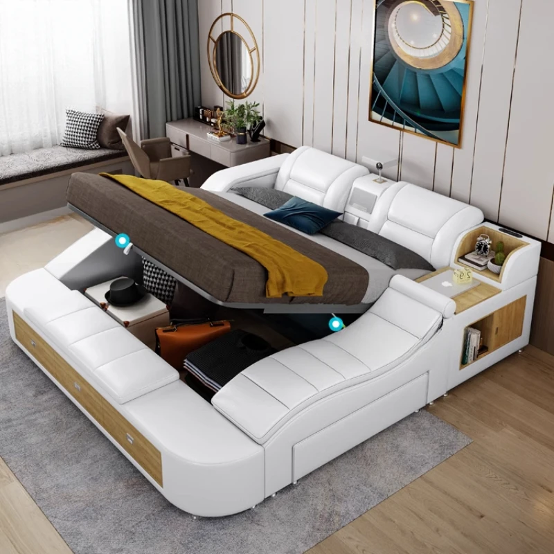 

Massager Frame Double Bed Headboard Wood Twin King Size Double Bed Luxury Space Saving Cama De Casal Furniture For Bedroom