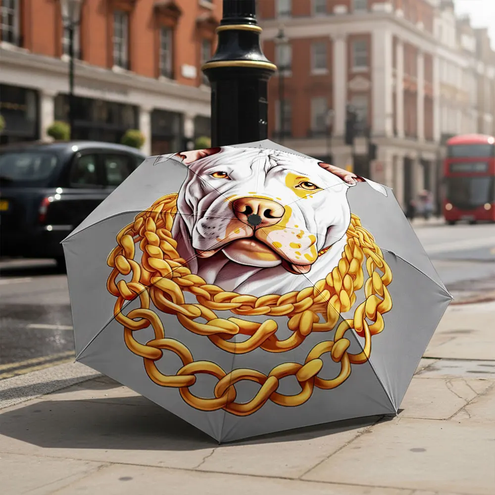 1P C Golden Chain Dog Umbrella in Front of a White Building Print 8 Iron Ribs Folding Umbrella Auto-Open Fashion Sunshade
