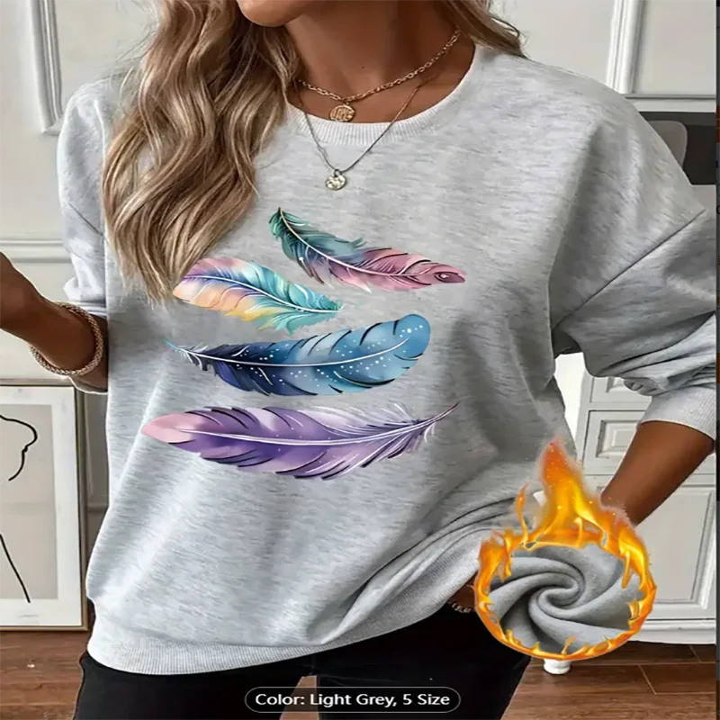 Felpa da donna con stampa grafica di piume colorate, foderata in pile, pullover oversize casual per gli amanti dello stile Boho, puro cotone