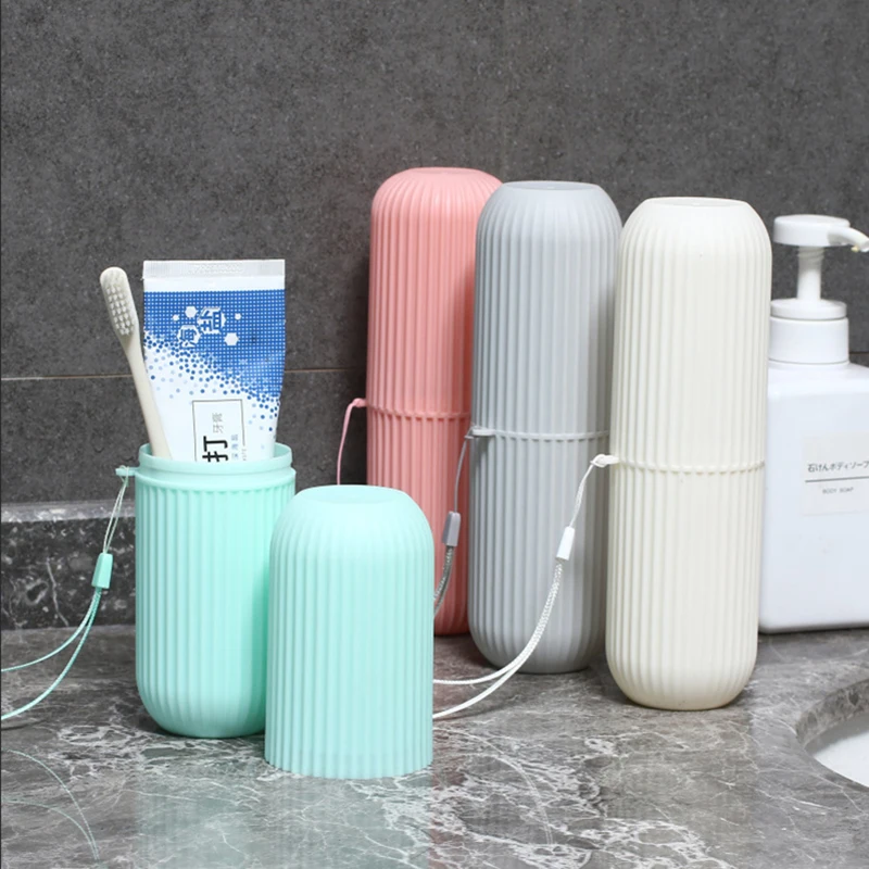 

Travel Portable Toothbrush Cup Bathroom Striped Toothpaste Holder Storage Case Box Organizer Travel Toiletries Storage Cup