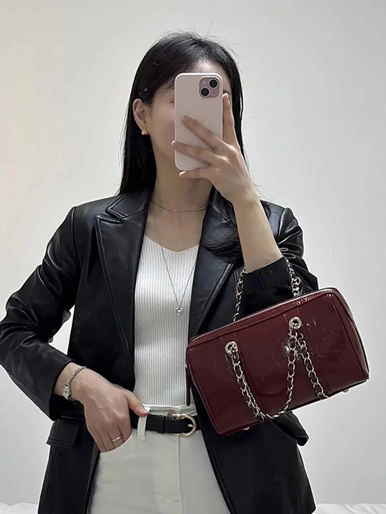 

Faionable Boston Bag Женская сумка с цепочкой и ручкой Узел Средняя твердая полиэстеровая застежка-молния Ежедневное использование