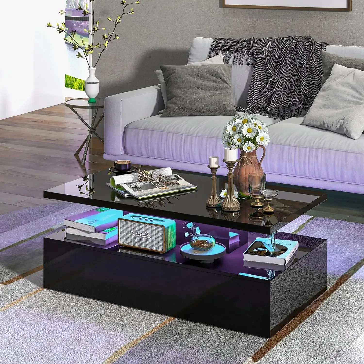 LED Coffee Table, Modern High Gloss Coffee Table w/ 20-Color LED Lights, Adjustable Speed & Brightness, Remote Control