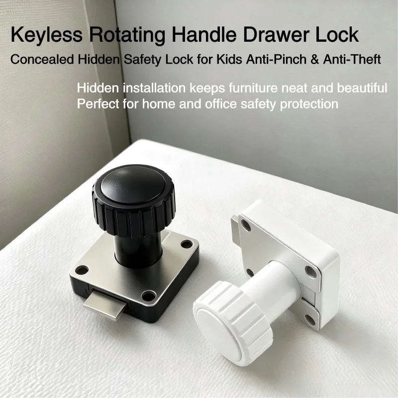 2/4/6Pcs Keyless Rotating Drawer Lock Concealed Kids Anti-Pinch Anti-Theft Safety for Desk Cabinet Nightstand, Black/White