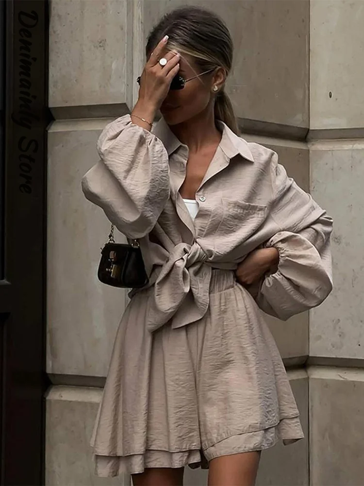 

Casual Women's Shirt Shorts Two-piece Set Lapel Lantern Sleeves Single Breasted Blouses Loose Short Pants 2025 Summer Lady Suit