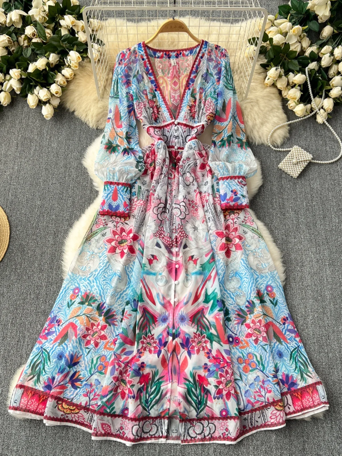 Palace Style Holiday Summer Autumn Long Sleeve Floral Maxi Dress Women Deep V Neck Sexy Print Flower Chiffon Vestidos Party