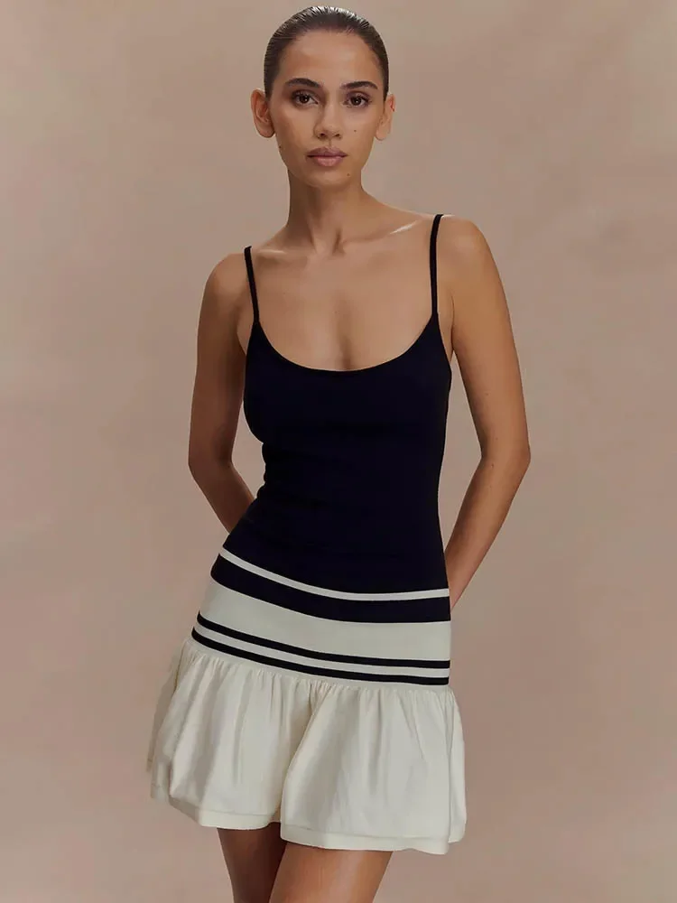 

Summer Patchwork Sexy Mini Dress Women Fashion Spaghetti Strap Sleeveless Backless Ruffle Club Party Dress Elegant