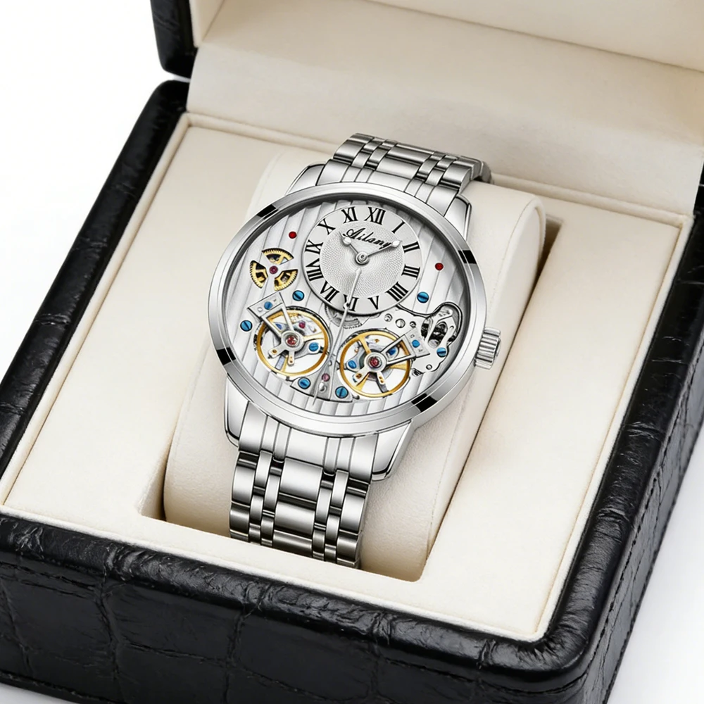 AILANG Mens Watches Top Brand Luxury Double Tourbillon Mechanical Watch for Men Waterproof Stainless Steel Automatic Wristwatch