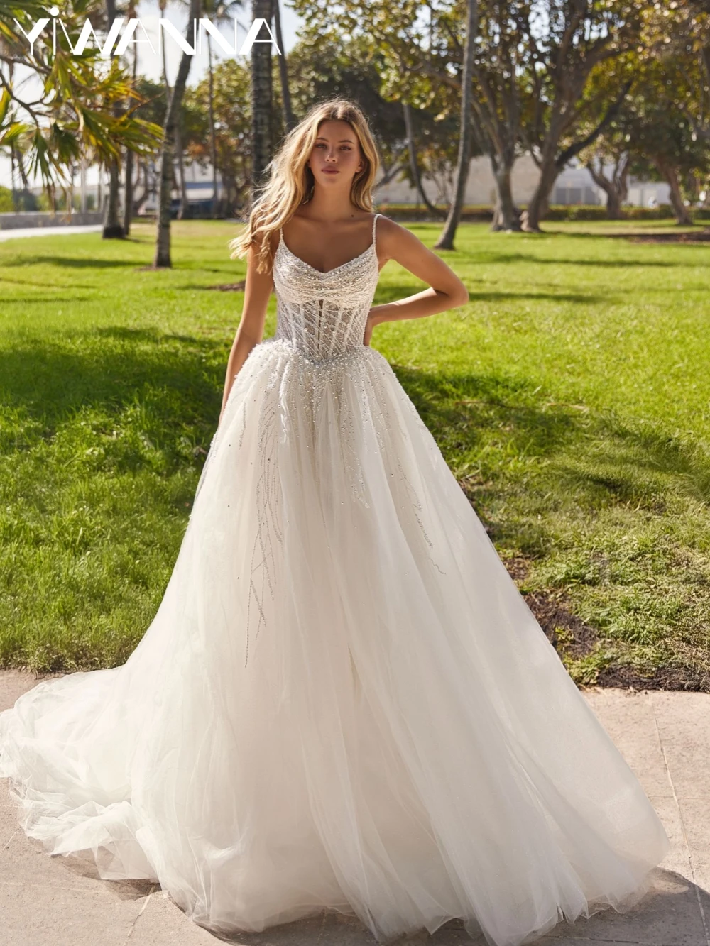 

Dazzling Beaded Pearls A-line Long Wedding Dress Dreamy Strapless Thin Straps Bridal Gown Customized Graceful Dresses For Bride