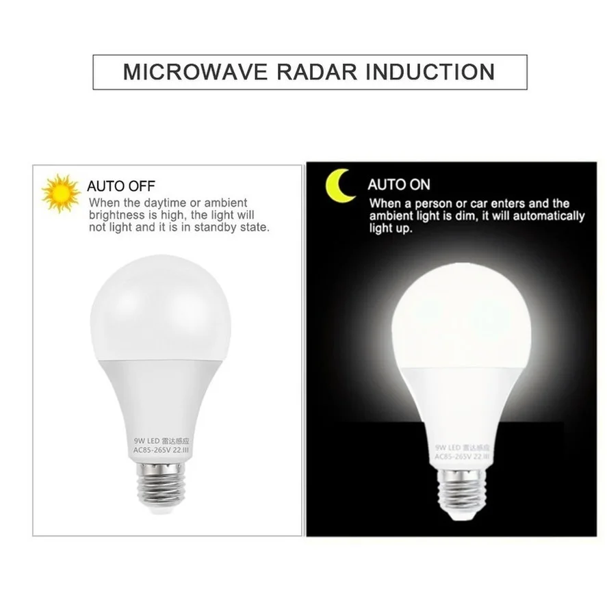 E27 85V-265V Microwave Radar Motion Sensor Light Bulb LED Lamp Auto Smart Infrared Bulb Energy Saving Home Porch Stair Hallway