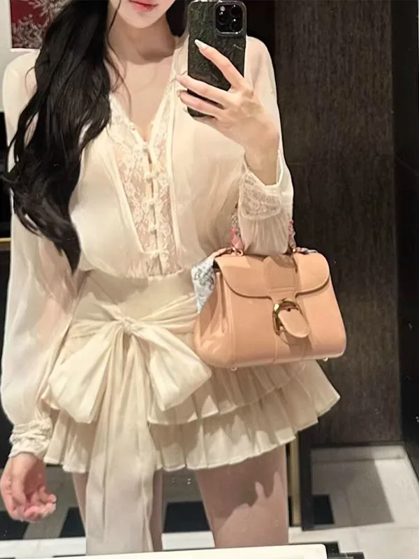 

Girls Sle Lantern Sve Lace Gown with Knot Waist Cinched irt ort Cake Skirt Korean Version Commute Dr