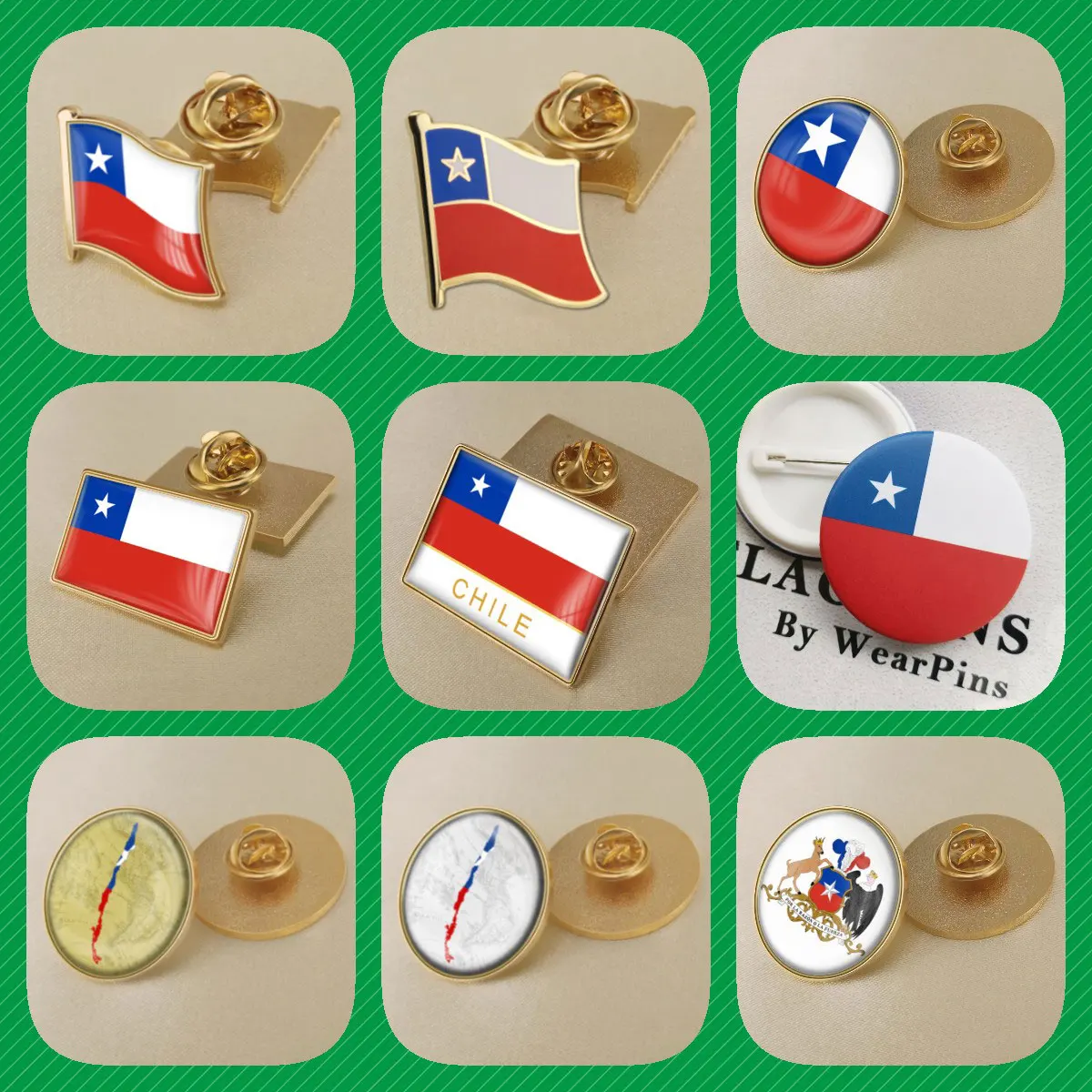 

Chile Chilean Map Flag Emblem Flower Brooches Badges Lapel Pins