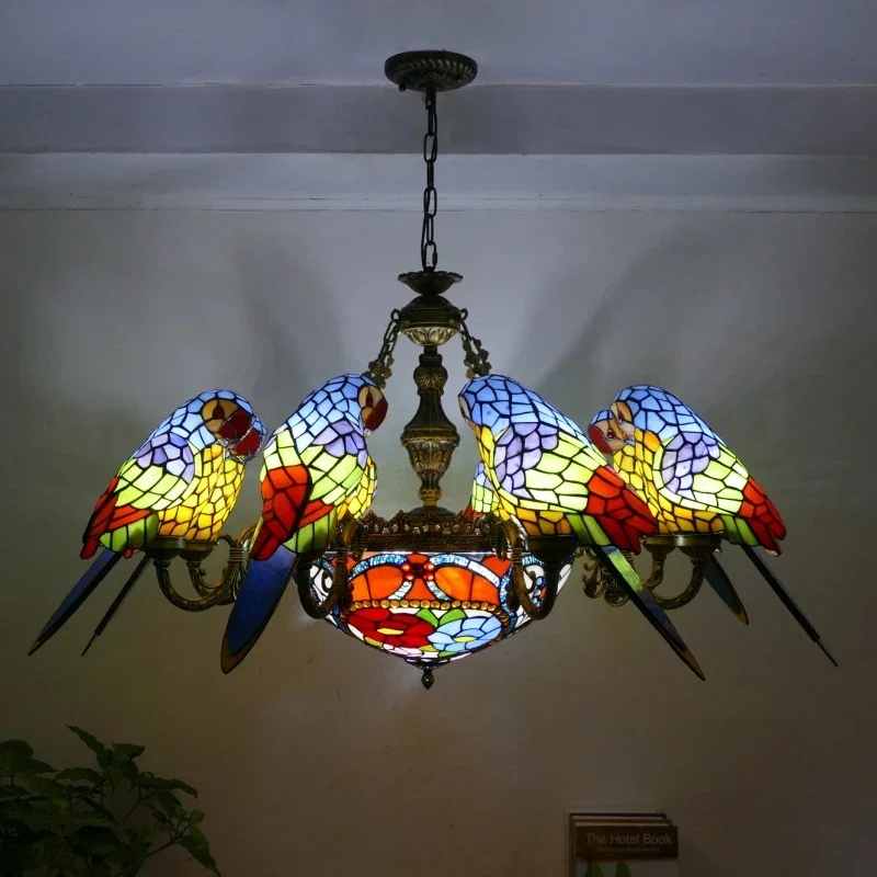 SOFEINA Tiffany parrot Chandelier LED Vintage Creative Color Glass Pendant Lamp Decor for Home Living Room Bedroom Hotel