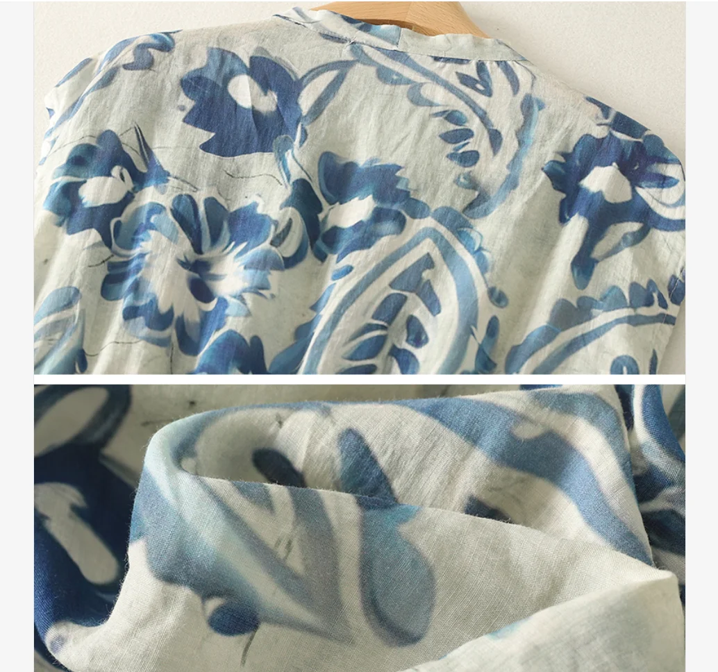 V-neck Blue Floral Printed Boho Style Cotton Linen Dress Women Summer Holiday Beach Sleeveless Long Dress Elegant Ladies A-line