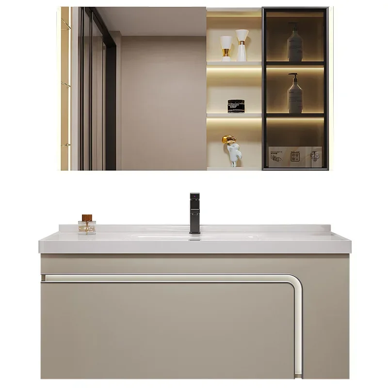 

Легкие роскошные шкафы для ванной комнаты с боковым хранилищем, керамический встроенный умывальник, шкаф для раковины, туалетный столик, мебель для ванной комнаты