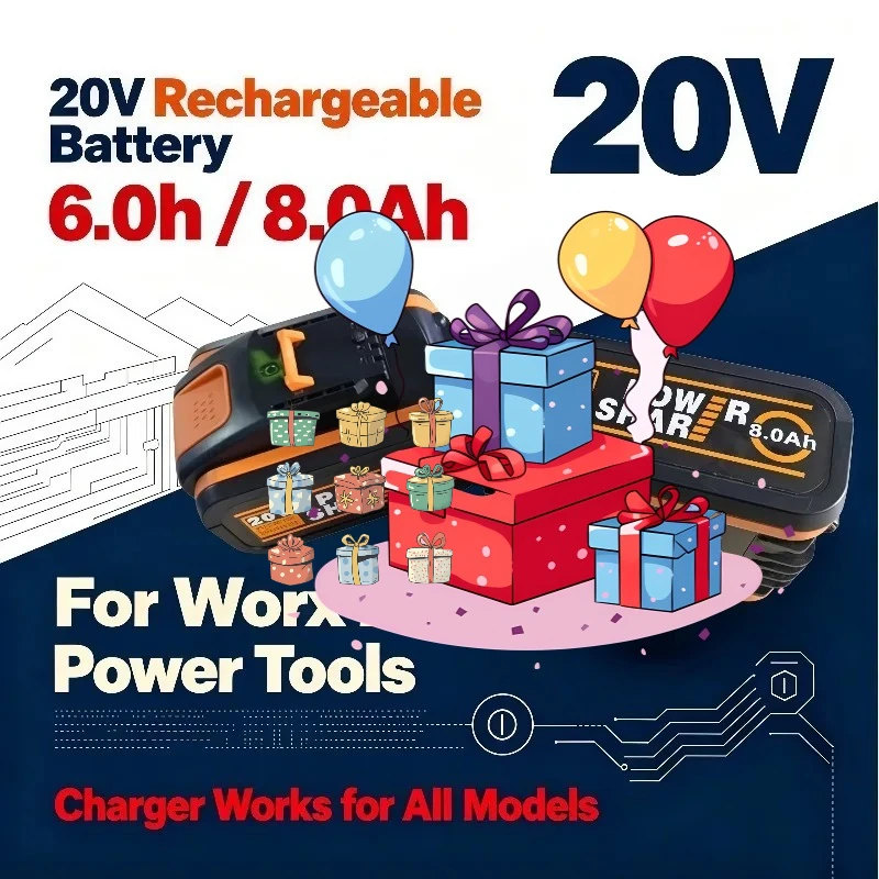 6.0Ah/8.0Ah 20V Rechargeable Lithium Battery Suitable For Worx Power Tools, Charger Works With All Worx Battery Models