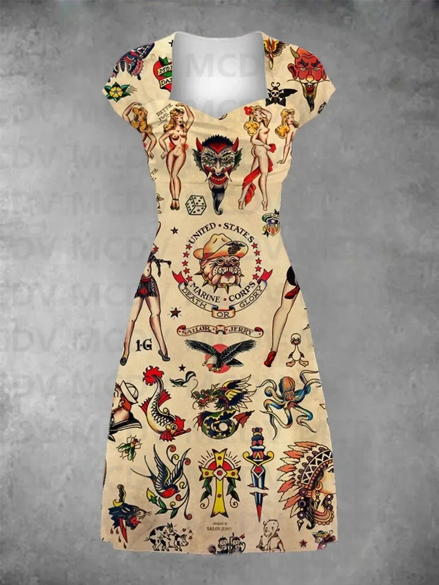 Dames Vintage Matroos Tattoo Print Patchwork Casual Midi Jurk