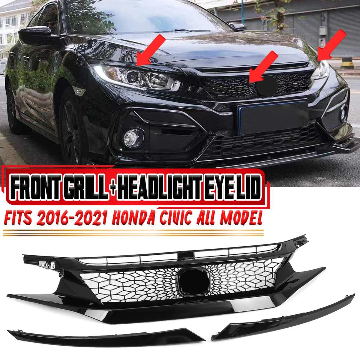 Honeycomb Mesh Front Grille + Light Eyebrow Set Front Bumper Racing Grill Headlight Eyelid For Honda For Civic 2016-2021