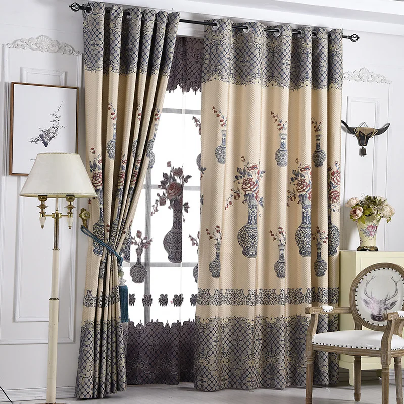 New Chinese Style High-end Living Room and Study Color Woven Jacquard Curtains High Blackout Blue and White Bottle Curtains