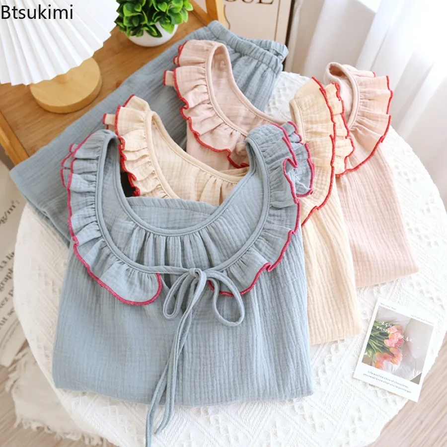 2025 Summer Women's Pajama Set Crepe Cotton Yarn Ruffle Edge Camisole Shorts Suit Lace Pullover with Pocket Home Wear for Women