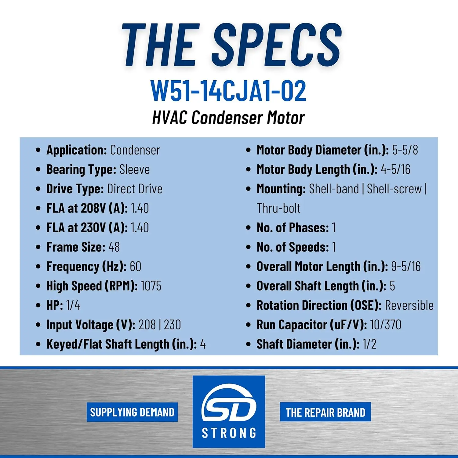 Condenser Motor 1/4 HP 1 Phase 1 Speed 208/230V 1075 RPM Must Match Specs of Current Motor t