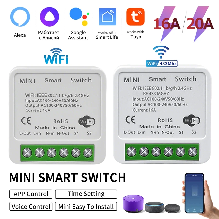 Tuya WiFi Smart Switch Modul RF433 2-Wege Mini-Schalter Lichtschalter Fernbedienung Kompatibel mit Smart Life Alexa Google Home