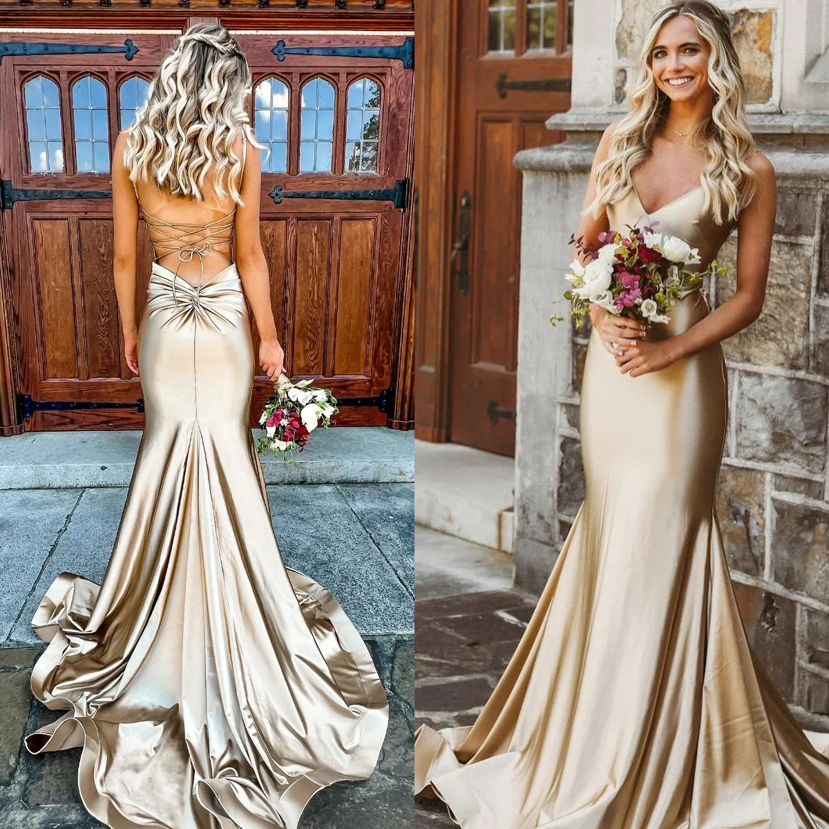 Champagne Gold Mermaid Prom Dresses Lace-up Back V Neck Party Gowns For 2024 Women Sexy Bridesmaid Evening Dress