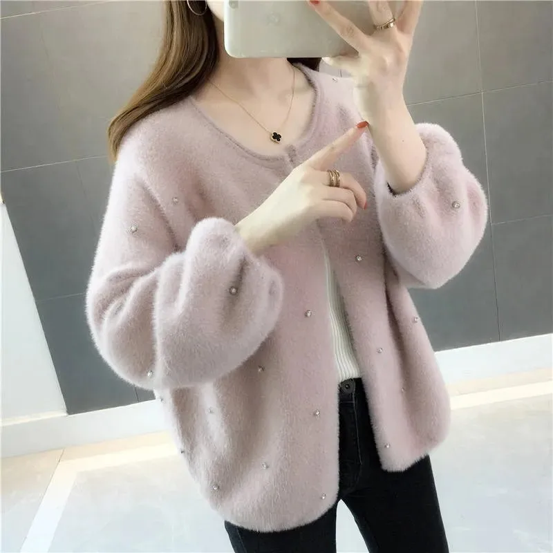 Knitting Shirt Female Cardigan Imitation Mink Fleece Women\'s Sweater New Spring Autumn Coat Korean Version Loose Wild   Jacket