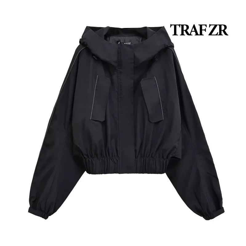 TRAF ZR Aviator Jackets Basic Black Hooded Lady Jackets Autumn New Products Cropped Coat Elegant and Pretty Women's Coats