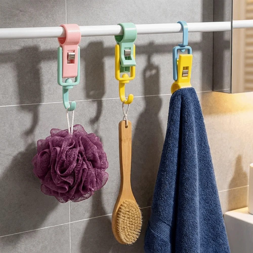 4PCS Multi-functional Plastic Tube Clamp Hook Detachable Space Saving Bar Slide Hook Wall Mounted Clothes Clips Bathroom