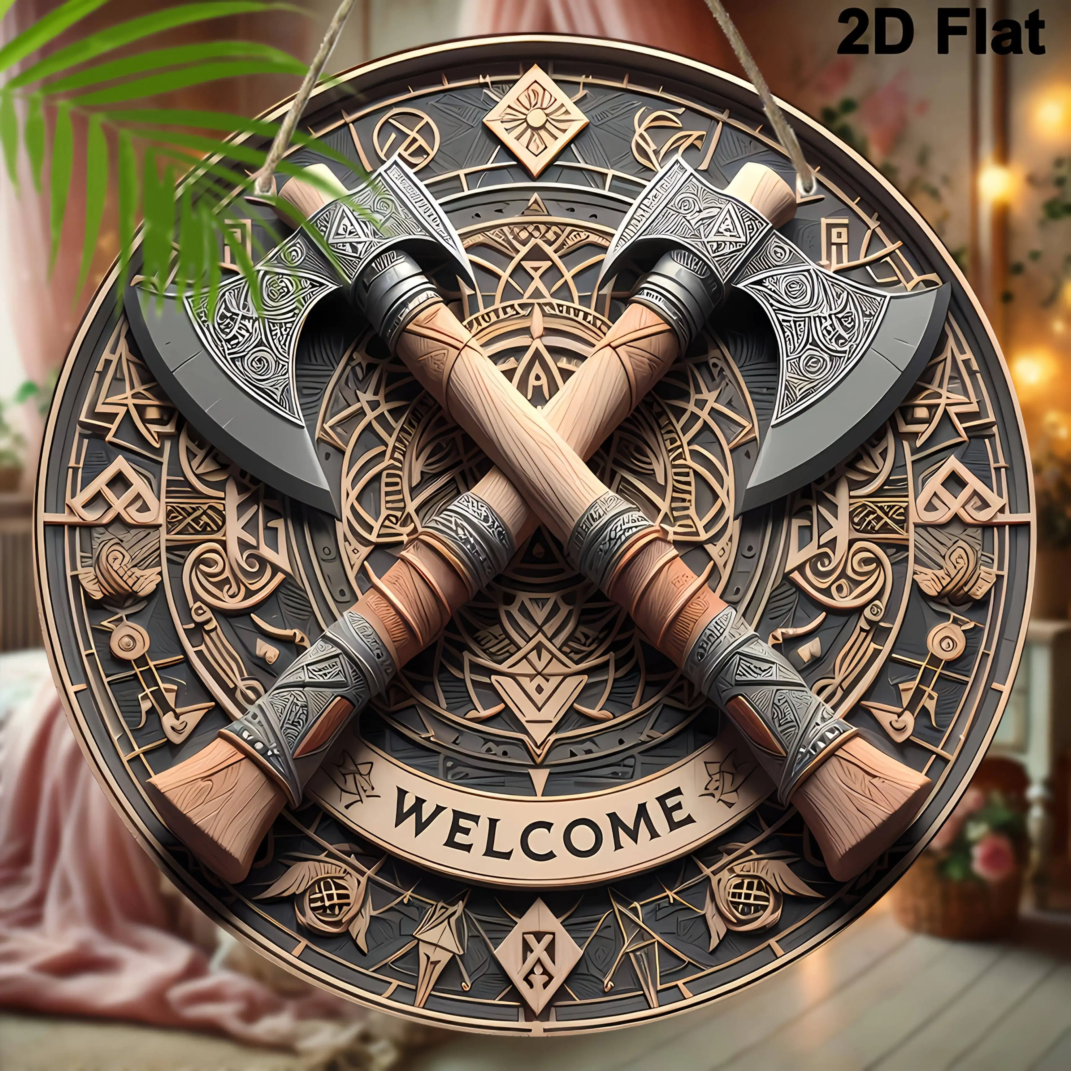 Letrero de bienvenida de hachas vikingas, arte de pared de aluminio con diseño nórdico intrincado, decoración montada en la pared para el hogar