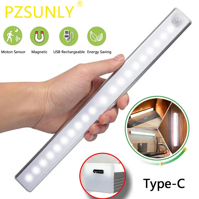 PZSUNLY-LED Motion Sensor Night Light, USB Tipo-C Lâmpada recarregável, armário de cozinha, Wardrobe Lamp, Staircase Backlight