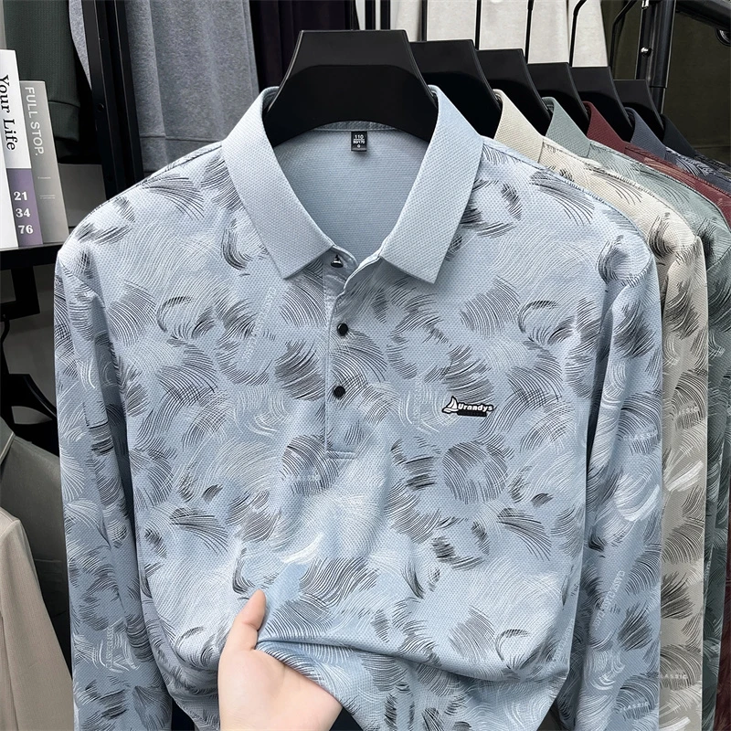 Herren-Polohemd mit abstraktem Blattmuster, langen Ärmeln, umgeschlagenem Kragen, atmungsaktivem, glattem Stoff, für den täglichen, lässigen Gebrauch. – Detail 6