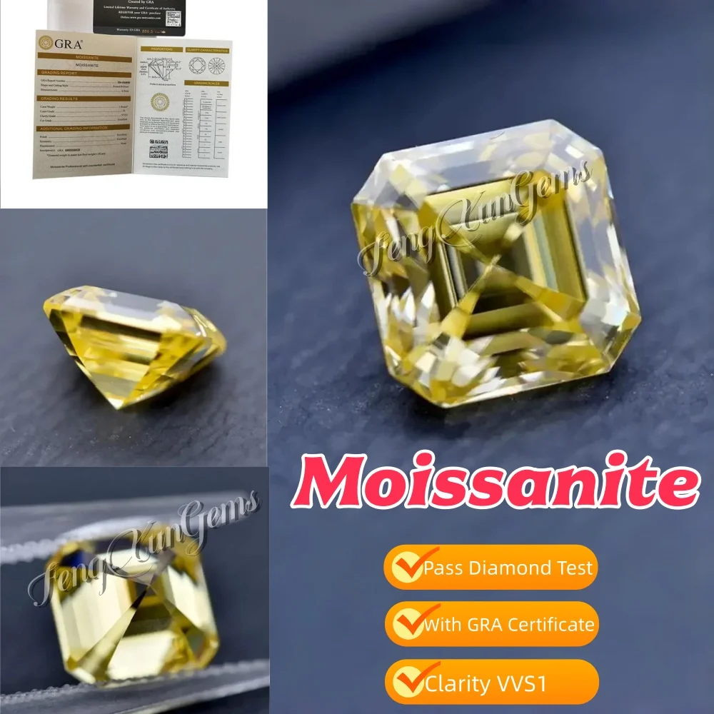 

High Quality Asscher Cut 0.5~7ct Lemon Yellow Loose Moissanite Gems Clarity VVS1 for Jewelry Necklace Ring With GRA Certificate