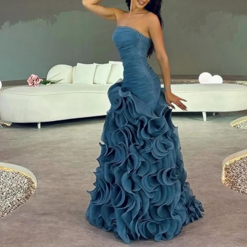 Elegant Blue Organza Flowers Evening Dress Modern Sweep Train Pleats Straight Sleeveless Floor Length Strapless Special Occasion